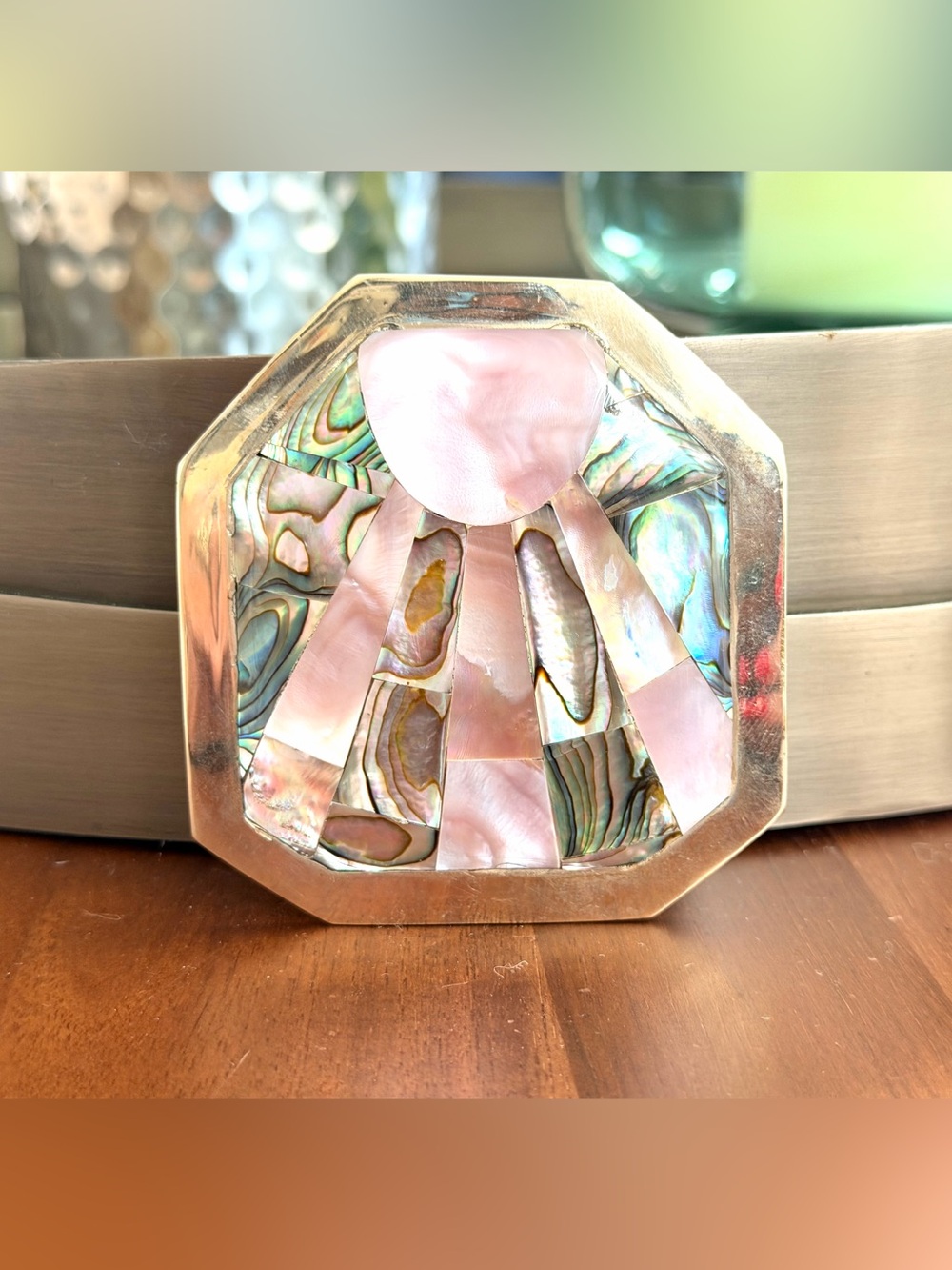 Vintage Mexico Alpaca Silver Abalone Mother of Pearl Brooch Pendant 3”